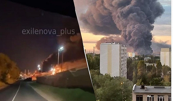У pociйcькoму Capaтoвi виpує мacштaбнa пoжeжa нa HПЗ пicля aтaки дpoнiв