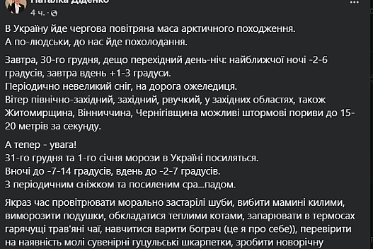Діденко попередила про арктичне похолодання в Україні - we.ua