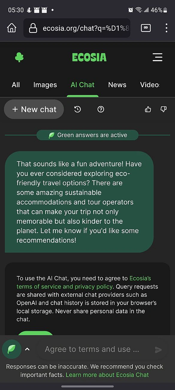 Нічний фан-факт: в моїй улюбленій пошуковій системі Ecosia (не тільки еко-посилом, а й через дизайн ;) є AI chat, в якому є функ... - їж, читай, смійся на we.ua