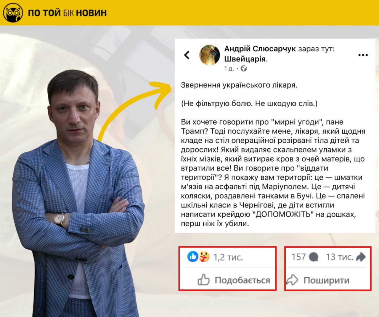 ​Автором емоційного допису-звернення до Трампа, який сьогодні активно поширюють у фейсбуці, є Андрій Слюсарчук, скандально відом... - По той бік новин на weua.dev