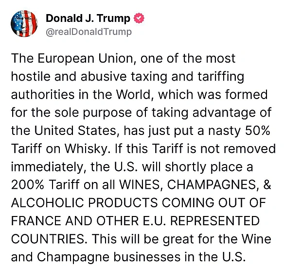 🥃Трамп пообіцяв запровадити 200% тарифи на ввезення до США вин, шампанського та іншого алкоголю з Європи у відповідь на 50% мито... - Ціна Держави на we.ua