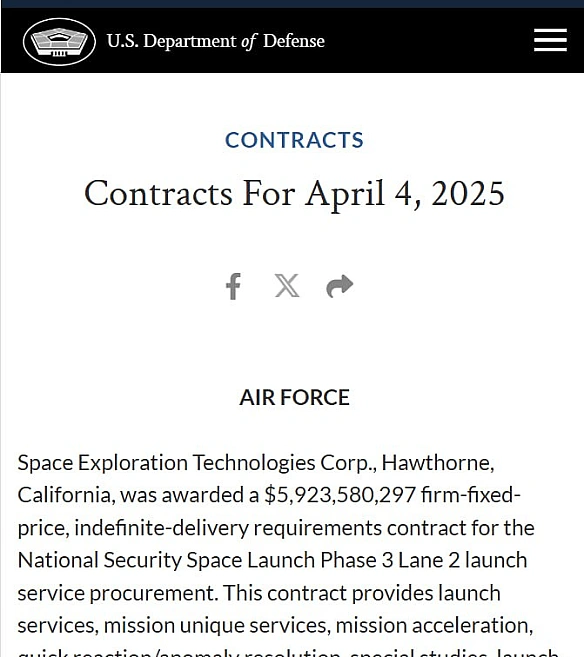 🚀SpaceX Ілона Маска уклала багаторічний контракт із Міноборони США на запуски об\'єктів нацбезпеки на суму $5,92 млрдМіністерс... - Ціна Держави на we.ua