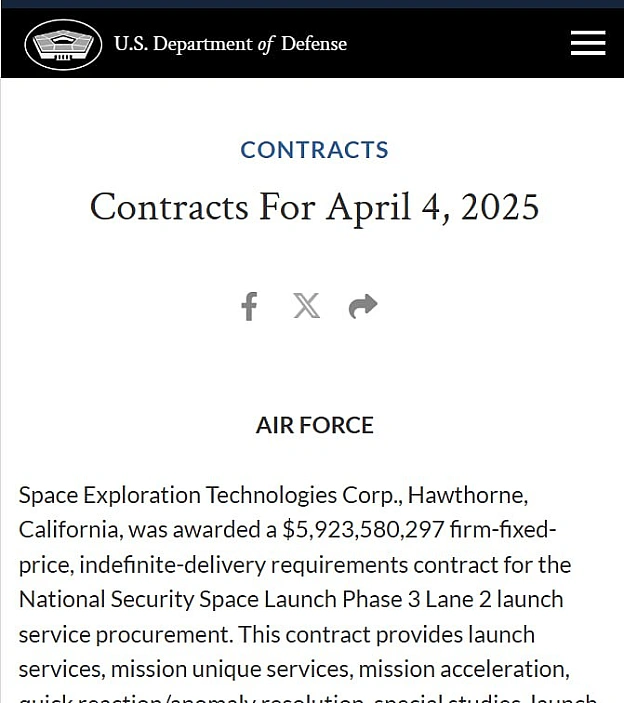 🚀SpaceX Ілона Маска уклала багаторічний контракт із Міноборони США на запуски об\'єктів нацбезпеки на суму $5,92 млрдМіністерс... - Ціна Держави на we.ua