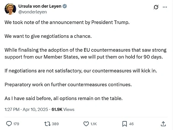 🇪🇺😁ЄС слідом за Трампом заморожує запровадження мит на 90 днів«Ми хочемо дати шанс переговорам. Хоча процедура затвердження за... - Ціна Держави на we.ua