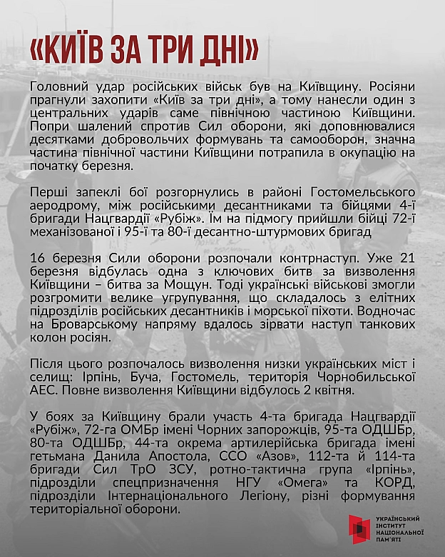 Протягом березня-квітня 2022 року Сили безпеки та оборони України провели низку військових операцій, завдяки яким було звільнено... - Український інститут національної пам'яті на we.ua