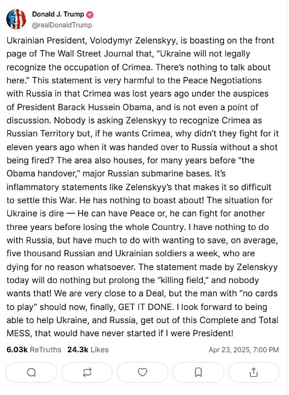 🤦‍♀️Трамп звинуватив Зеленського у зриві мирних переговорівВідмова президента України Володимира Зеленського визнавати Крим рос... - Ціна Держави на we.ua