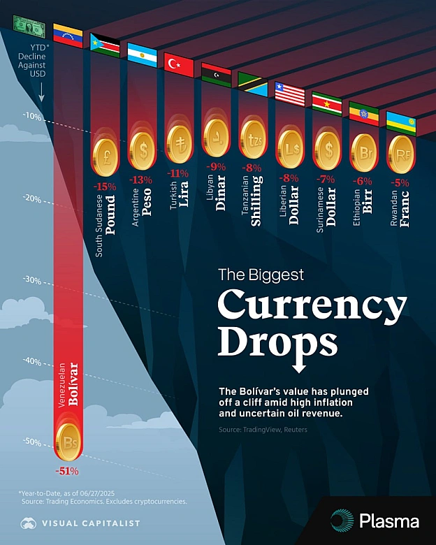 📉Найбільші обвали валют у 2025 році (станом на кінець червня)Visual Capitalist опублікував дані щодо найбільших «валютних пров... - Ціна Держави на we.ua