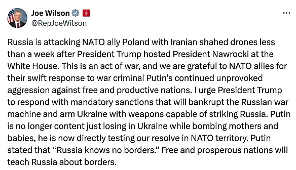 ❕А тим часом в Польщу залітає з десяток російських БПЛА. Конгресмен-республіканець Джо Вілсон звинуватив Росію в оголошенні війн... - Ціна Держави на we.ua