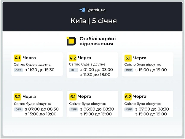 ‼️Київ: оновлені графіки відключень на 5 січня▪️В разі змін, будемо оперативно вас інформувати у нашому телеграм-каналі. Під... - ДТЕК на we.ua