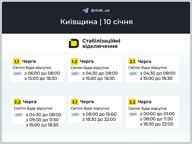‼️Київщина: графіки відключень на 10 січня▪️В разі змін, будемо оперативно вас інформувати у нашому телеграм-каналі. Підпису... - ДТЕК на we.ua