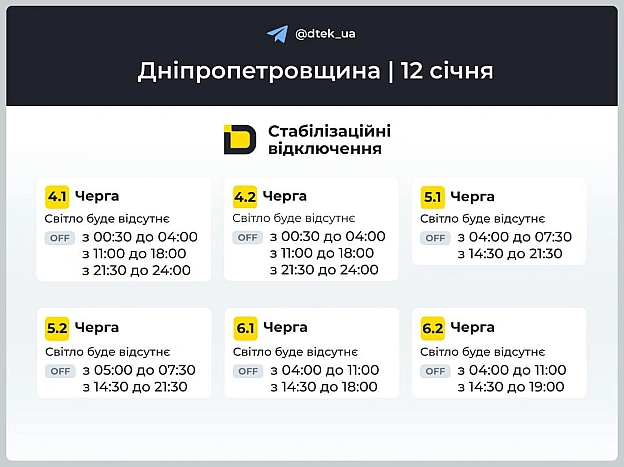 ‼️Дніпропетровщина: графіки відключень на 12 січня ▪️В разі змін, будемо оперативно вас інформувати у нашому телеграм-каналі. ... - ДТЕК на we.ua