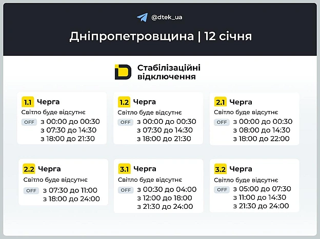 ‼️Дніпропетровщина: графіки відключень на 12 січня ▪️В разі змін, будемо оперативно вас інформувати у нашому телеграм-каналі. ... - ДТЕК на we.ua