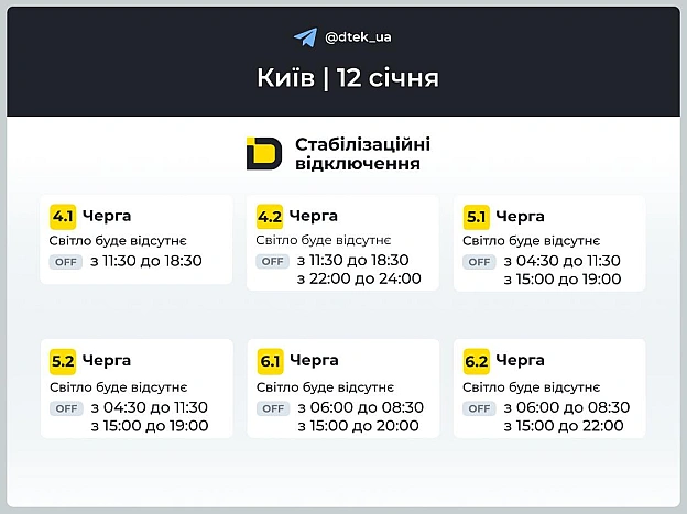 ‼️Київ: графіки відключень на 12 січня Нагадаємо, в частині Печерського, Голосіївського районів та на Лівому березі столиці тр... - ДТЕК на we.ua