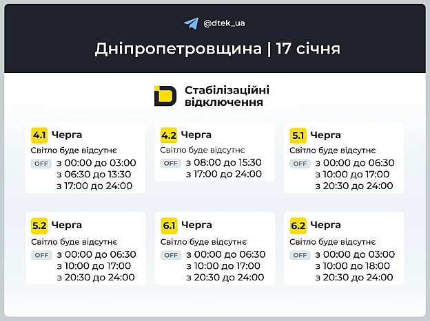 ‼️Дніпропетровщина: графіки відключень на 17 січня▪️В разі змін, будемо оперативно вас інформувати у нашому телеграм-каналі. ... - ДТЕК на we.ua