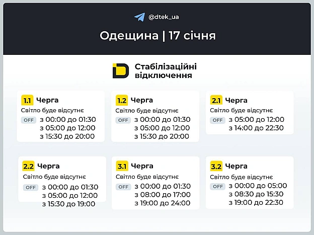 ‼️Одещина: графіки відключень на 17 січня Нагадаємо, що графіки діють лише для мешканців області і тільки там, де дозволяє ста... - ДТЕК на we.ua