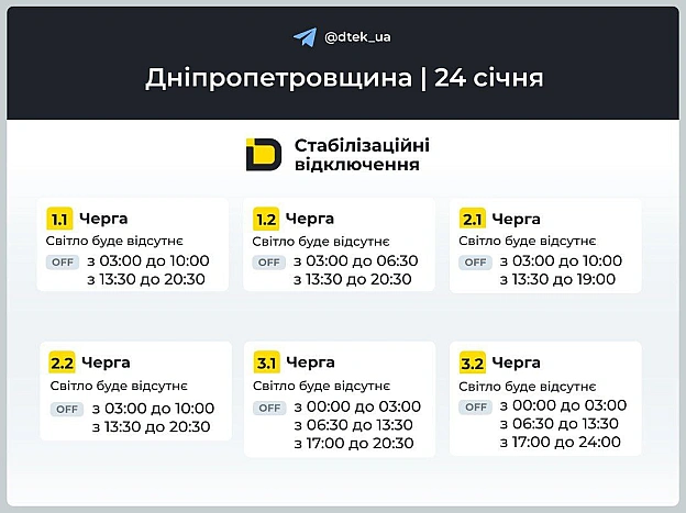 ‼️Дніпропетровщина: графіки відключень на 24 січня▪️В разі змін, будемо оперативно вас інформувати у нашому телеграм-каналі. ... - ДТЕК на we.ua