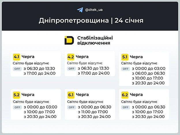 ‼️Дніпропетровщина: графіки відключень на 24 січня▪️В разі змін, будемо оперативно вас інформувати у нашому телеграм-каналі. ... - ДТЕК на we.ua