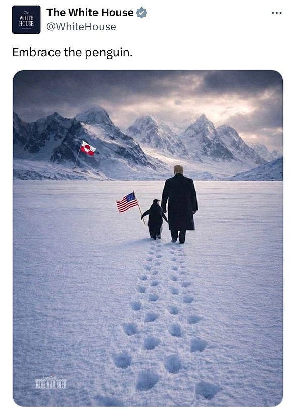 Білий дім опублікував штучно згенероване зображення Трампа з пінгвіном у Гренландії, хоча пінгвіни там не водяться 🤡@memargam - МЕМАГРАМ on we.ua