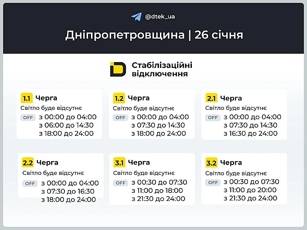 ‼️Дніпропетровщина: графіки відключень на 26 січня ▪️В разі змін, будемо оперативно вас інформувати у нашому телеграм-каналі. ... - ДТЕК на we.ua