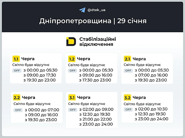 ‼️Дніпропетровщина: графіки відключень на 29 січня ▪️В разі змін, будемо оперативно вас інформувати у нашому телеграм-каналі. ... - ДТЕК на we.ua