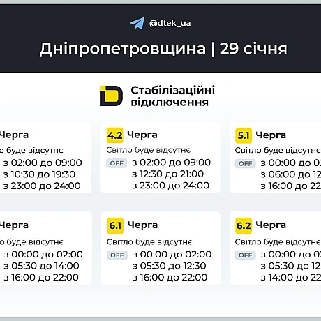 ‼️Дніпропетровщина: графіки відключень на 29 січня ▪️В разі змін, будемо оперативно вас інформувати у нашому телеграм-каналі. ... - ДТЕК на we.ua