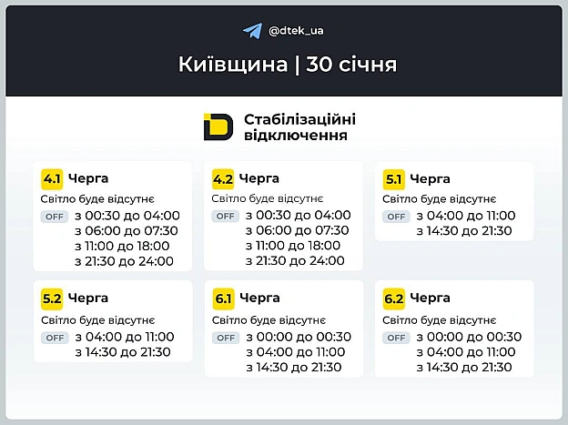 ‼️Київщина: графіки відключень на 30 січня В разі змін будемо вас інформувати в нашому телеграм-каналі. Підписуйтесь та поді... - ДТЕК на we.ua