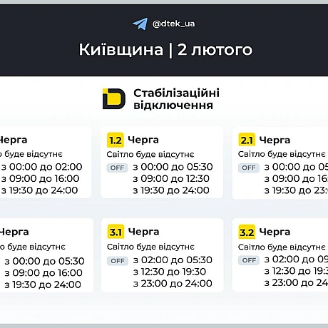 ‼️Київщина: графіки відключень на 2 лютого В разі змін будемо вас інформувати в нашому телеграм-каналі. Підписуйтесь та поді... - ДТЕК на we.ua