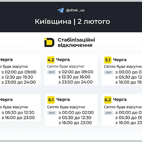 ‼️Київщина: графіки відключень на 2 лютого В разі змін будемо вас інформувати в нашому телеграм-каналі. Підписуйтесь та поді... - ДТЕК на we.ua