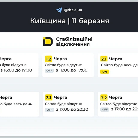 ‼️Київщина: графіки відключень на 11 березня ▪️В разі змін, будемо оперативно вас інформувати у нашому телеграм-каналі. Підп... - ДТЕК on we.ua