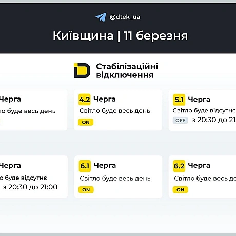 ‼️Київщина: графіки відключень на 11 березня ▪️В разі змін, будемо оперативно вас інформувати у нашому телеграм-каналі. Підп... - ДТЕК on we.ua