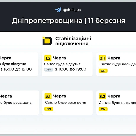 ‼️Дніпропетровщина: графіки відключень на 11 березня▪️В разі змін, будемо оперативно вас інформувати у нашому телеграм-каналі.... - ДТЕК on we.ua