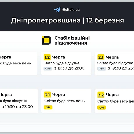 ‼️Дніпропетровщина: графіки відключень на 12 березня▪️В разі змін, будемо вас інформувати у нашому телеграм-каналі. Підписуй... - ДТЕК on we.ua