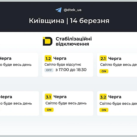 ‼️Київщина: графіки відключень на 14 березня ▪️В разі змін, будемо оперативно вас інформувати у нашому телеграм-каналі. Підп... - ДТЕК on we.ua