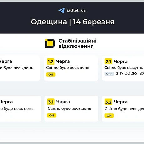 ‼️Одещина: графіки відключень на 14 березняНагадаємо, що графіки діють лише там, де дозволяє стан мережі.▪️У разі змін будем... - ДТЕК on we.ua