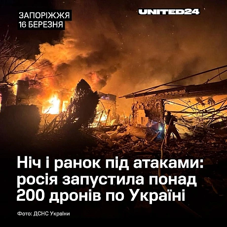 У ніч на 16 березня та протягом сьогоднішнього ранку росія атакувала Україну ударними безпілотниками. росія запустила 211 БпЛА р... - UNITED24 на we.ua