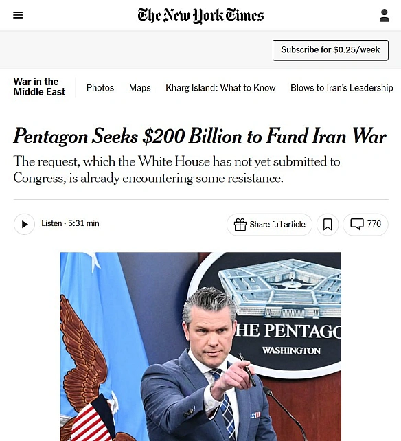 🙈Пентагон запросив $200 млрд на війну з Іраном - це майже чверть річного оборонного бюджету США - The New York TimesПентагон з... - Ціна Держави на we.ua