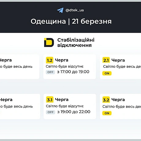 ‼️Одещина: за командою Укренерго застосовано графіки відключень на 21 березняВ місті Одеса графіки не застовуються, лише в обл... - ДТЕК на we.ua
