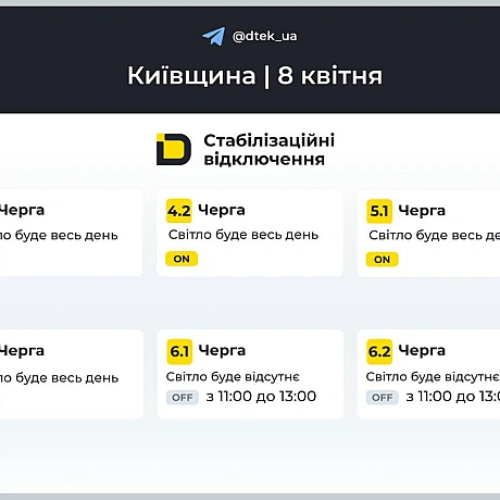 ‼️Київщина: за командою Укренерго застосовано графіки відключень на 8 квітня▪️У разі змін будемо вас інформувати у нашому теле... - ДТЕК на we.ua