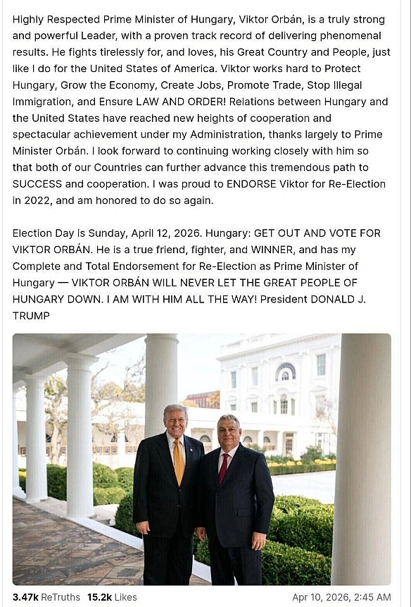 Йдіть і проголосуйте за Віктора Орбана. Він - справжній друг, борець і переможець. Я з ним до кінця, - ТрампПрезидент США опуб... - UkraineNow на we.ua