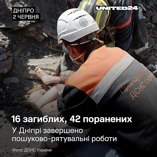 У Дніпрі завершено пошуково-рятувальні роботи в житловому районі, куди вночі поцілили російські ракети. Загинули 16 людей, ще 4... - UNITED24 на we.ua