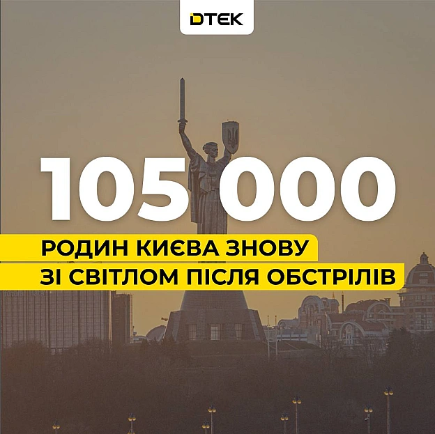 Київ: повернули світло для 105 000 родин після масованої атакиЩе одна важка ніч для столиці. Через обстріл пошкоджено лінії ел... - ДТЕК on we.ua