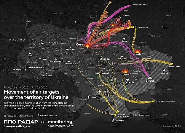 Вже мабуть традиційно презентуємо візуалізацію повітряних цілей, в ніч на 02.07.2026Під основним ударом опинилась столиця та ї... - monitoring on we.ua