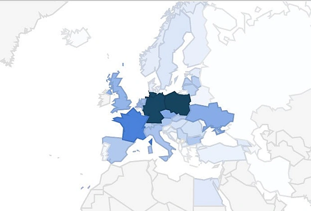 У яких країнах перекладали і видавали книжки українських авторів за останні 15 років?Що більш інтенсивний колір на мапі, то бі... - на we.ua