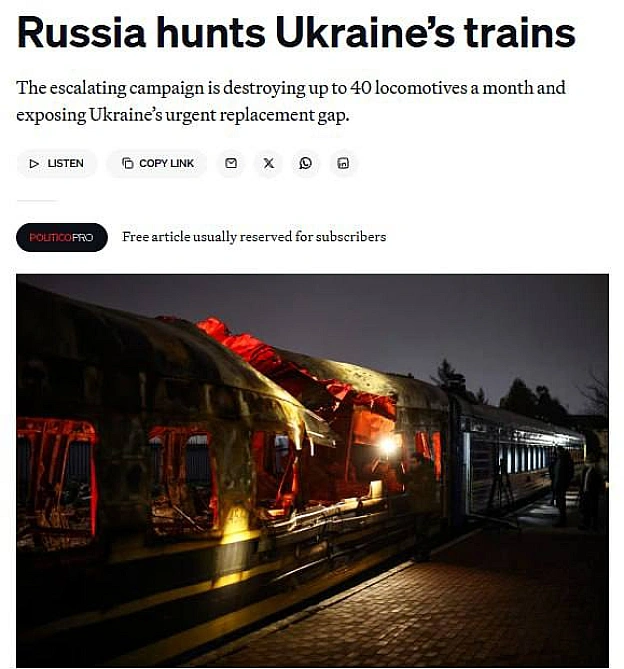 росія знищує до 40 локомотивів «Укрзалізниці» на місяць, - Politico.Від початку повномасштабного вторгнення рф пошкодила або з... - на we.ua