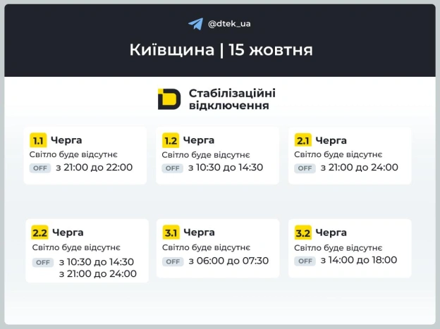 ‼️Київщина: графіки відключень на 15 жовтня▪️У разі змін одразу повідомимо в нашому Telegram-каналі.‼️Підписуйтеся та поділі... - на we.ua