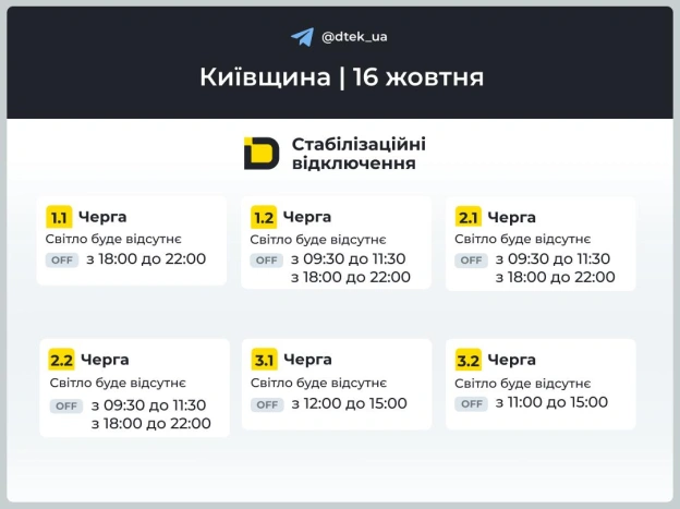 ‼️Київщина: графіки відключень на 16 жовтня▪️У разі змін одразу повідомимо в нашому Telegram-каналі.‼️Підписуйтеся та поділі... - на we.ua