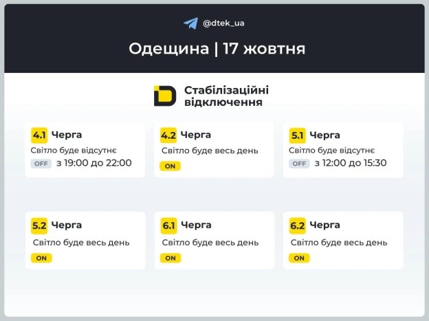 Одещина: за командою Укренерго застосовано графіки відключень ▪️В разі змін будемо вас інформувати у нашому Telegram-каналі. ... - на we.ua
