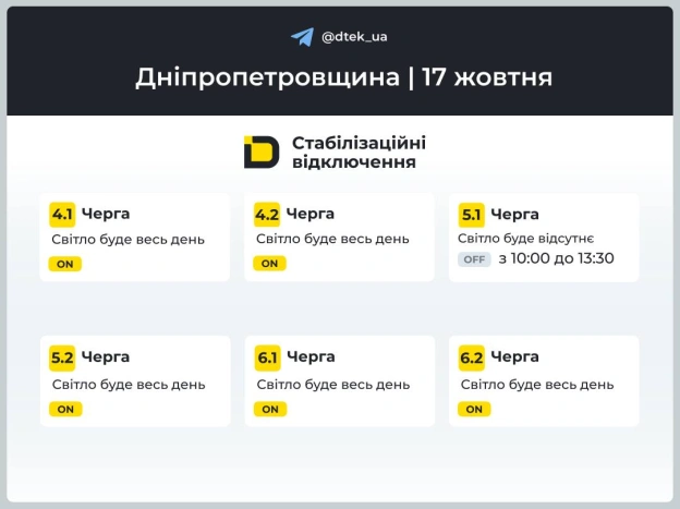 Дніпропетровщина: за командою Укренерго застосовано графіки відключень ▪️В разі змін будемо вас інформувати у нашому Telegram-... - на we.ua
